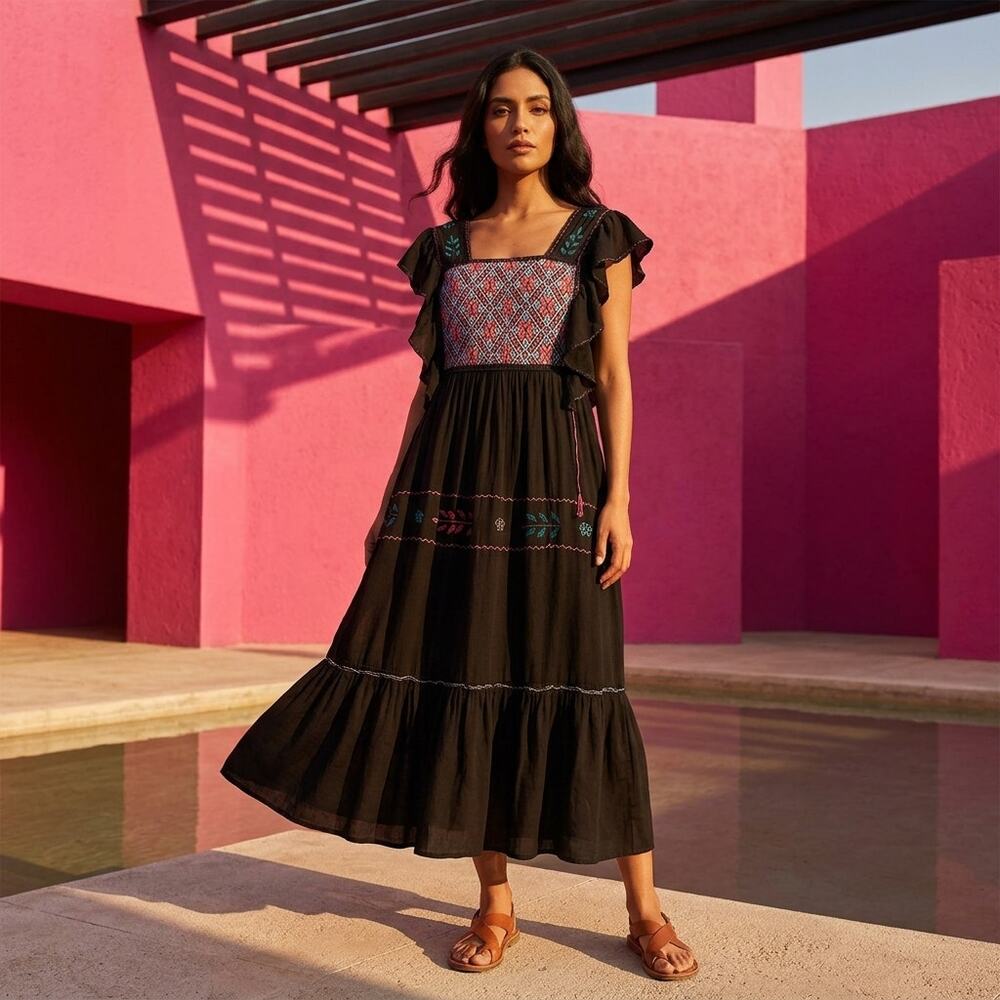 Black Mexican cotton  dress one piece  Dress Mexican Folklore Wear  fits S M L